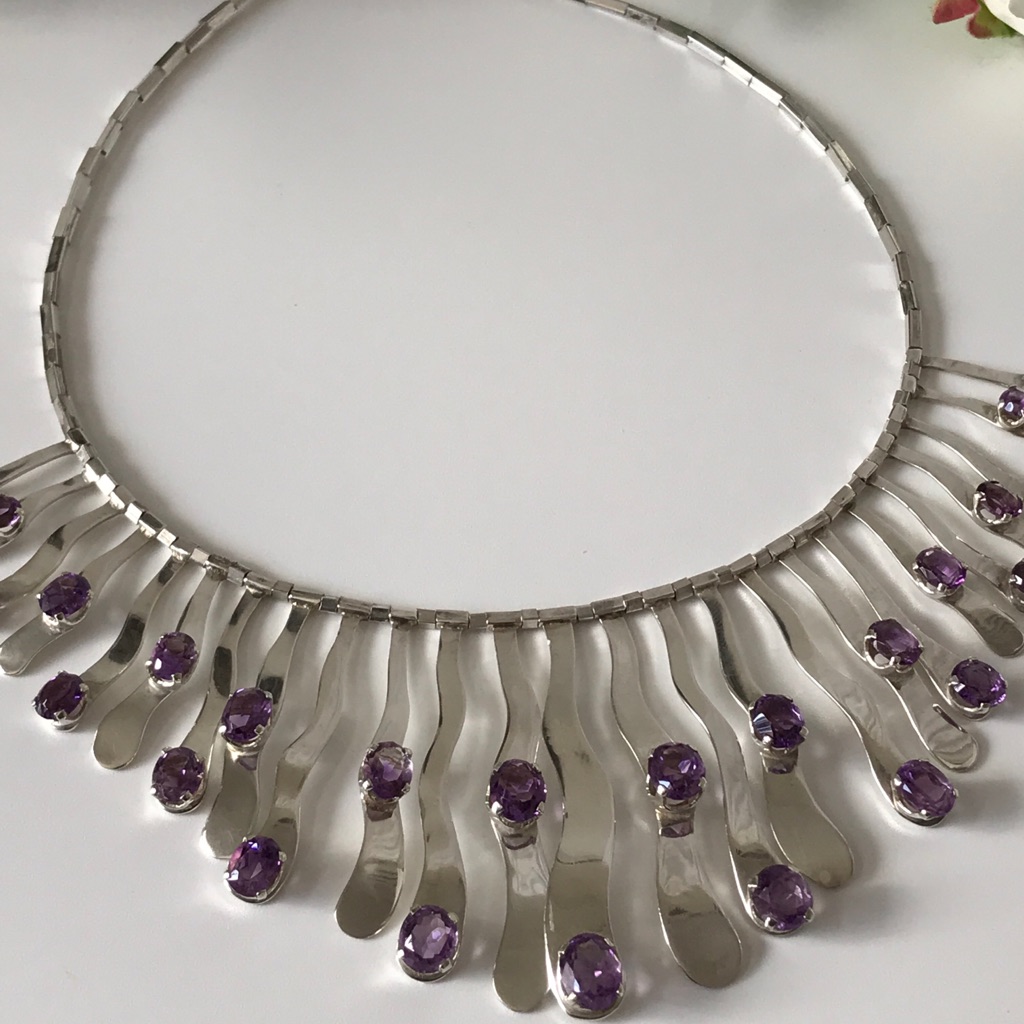 Vtg Modernist Amethyst Sterling Silver Necklace